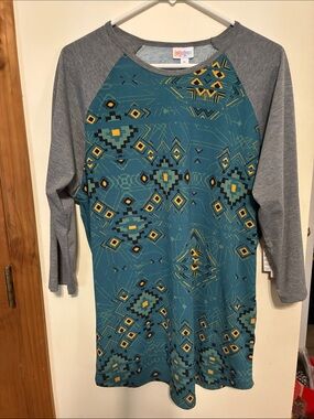 LuLaRoe Teal Geometric Raglan Kids Top with Gray Sleeves